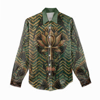 Khepri Women Casual Shirt Ancient Egyptian Chevron, Scarab Ankh and Winged Khepri Guardian Motif - Wonder Print Shop