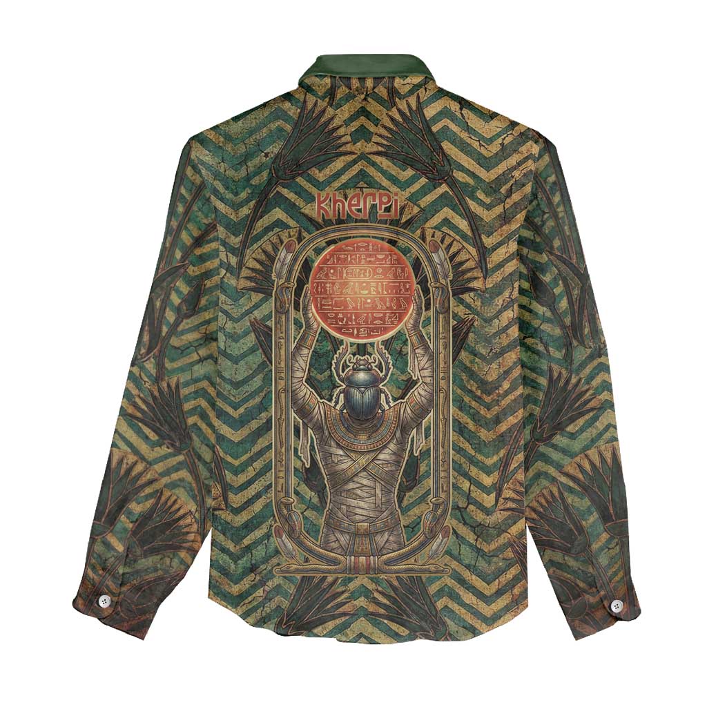 Khepri Women Casual Shirt Ancient Egyptian Chevron, Scarab Ankh and Winged Khepri Guardian Motif - Wonder Print Shop