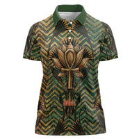 Khepri Women Polo Shirt Ancient Egyptian Chevron, Scarab Ankh and Winged Khepri Guardian Motif - Wonder Print Shop