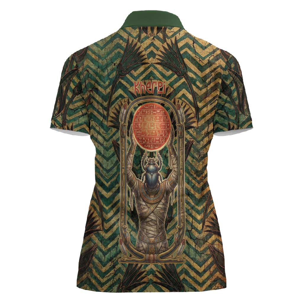 Khepri Women Polo Shirt Ancient Egyptian Chevron, Scarab Ankh and Winged Khepri Guardian Motif - Wonder Print Shop