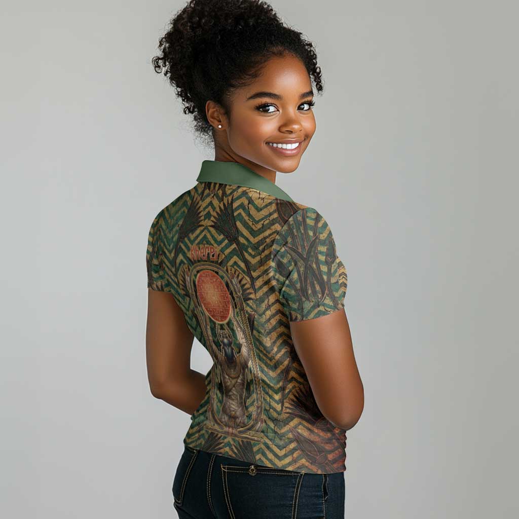 Khepri Women Polo Shirt Ancient Egyptian Chevron, Scarab Ankh and Winged Khepri Guardian Motif - Wonder Print Shop