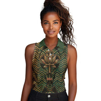 Khepri Women Sleeveless Polo Shirt Ancient Egyptian Chevron, Scarab Ankh and Winged Khepri Guardian Motif - Wonder Print Shop
