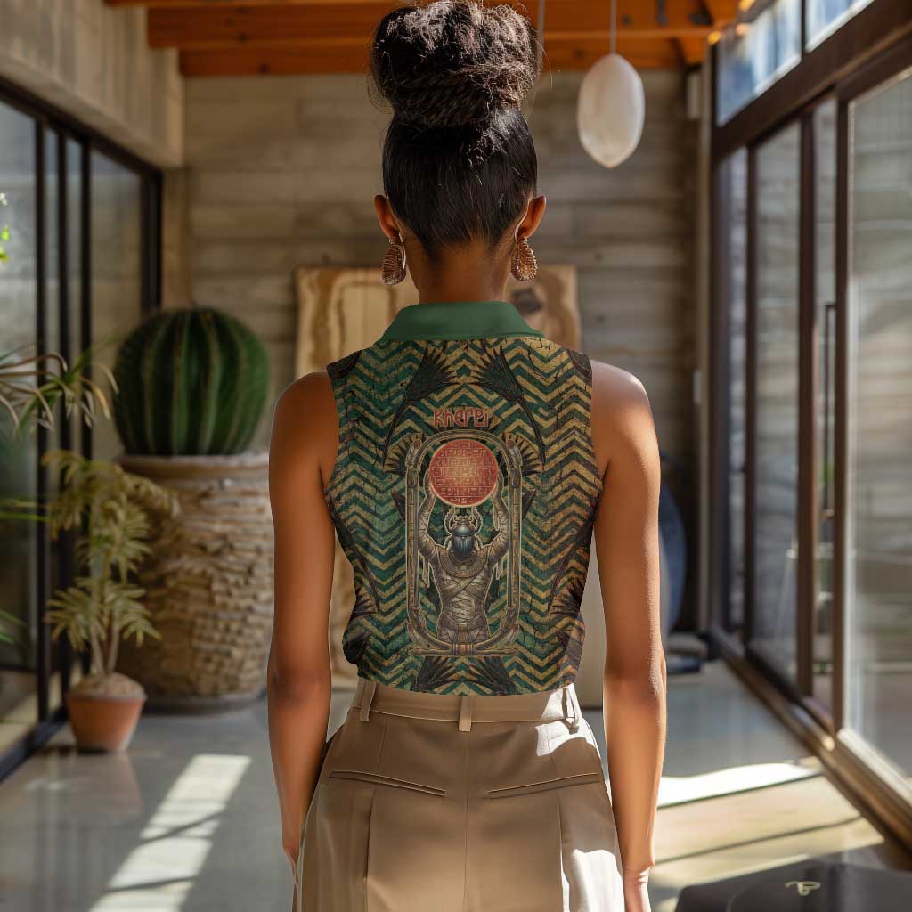 Khepri Women Sleeveless Polo Shirt Ancient Egyptian Chevron, Scarab Ankh and Winged Khepri Guardian Motif - Wonder Print Shop