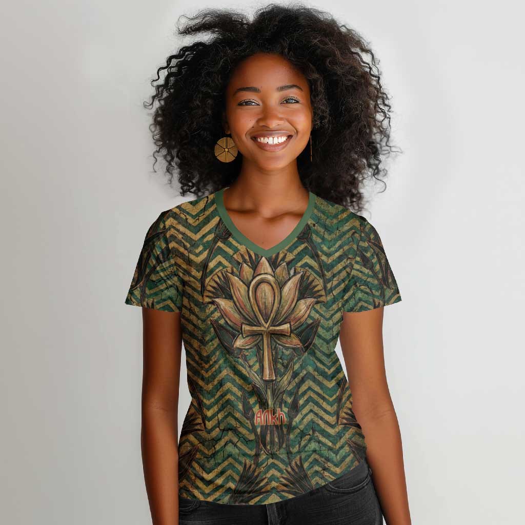 Khepri Women V-Neck T-Shirt Ancient Egyptian Chevron, Scarab Ankh and Winged Khepri Guardian Motif - Wonder Print Shop