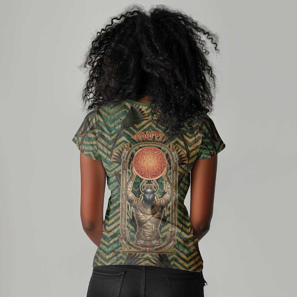 Khepri Women V-Neck T-Shirt Ancient Egyptian Chevron, Scarab Ankh and Winged Khepri Guardian Motif - Wonder Print Shop
