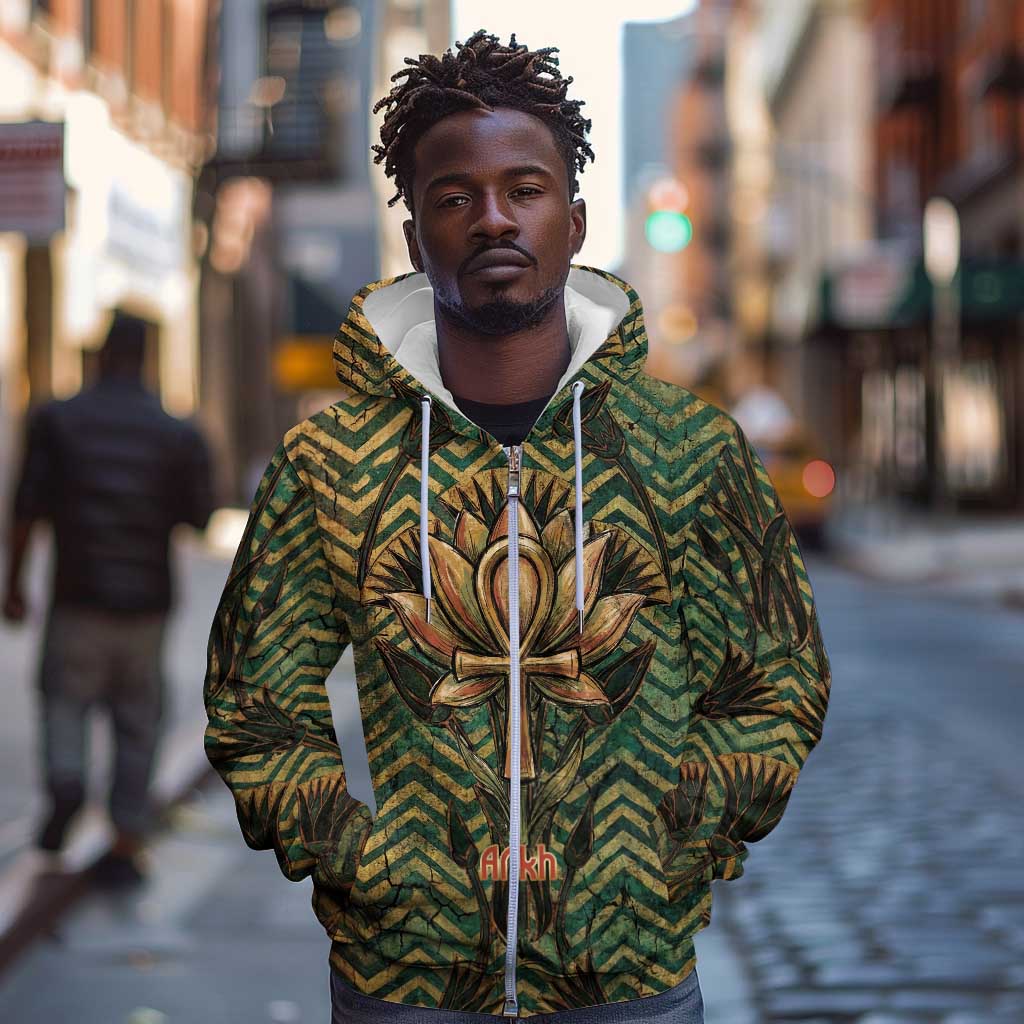 Khepri Zip Hoodie Ancient Egyptian Chevron, Scarab Ankh and Winged Khepri Guardian Motif - Wonder Print Shop
