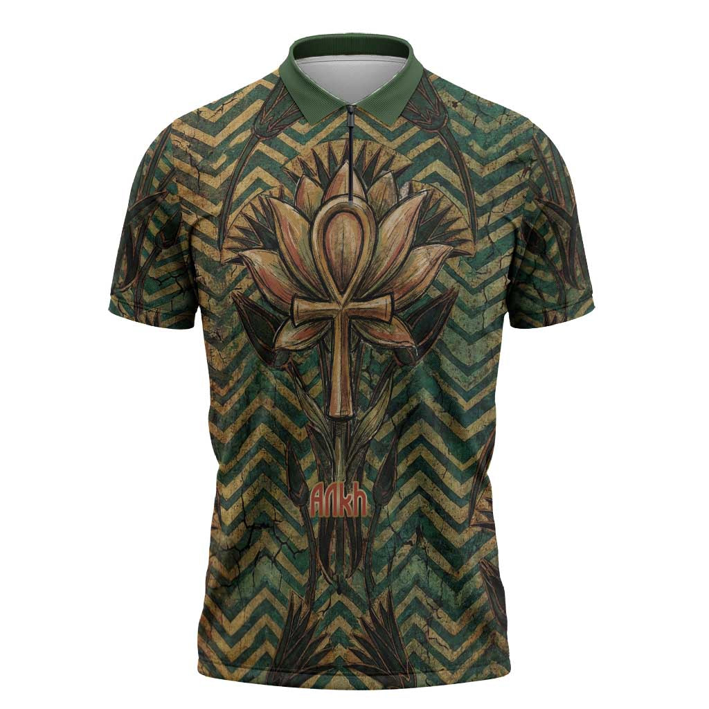 Khepri Zipper Polo Shirt Ancient Egyptian Chevron, Scarab Ankh and Winged Khepri Guardian Motif - Wonder Print Shop