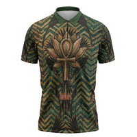 Khepri Zipper Polo Shirt Ancient Egyptian Chevron, Scarab Ankh and Winged Khepri Guardian Motif - Wonder Print Shop
