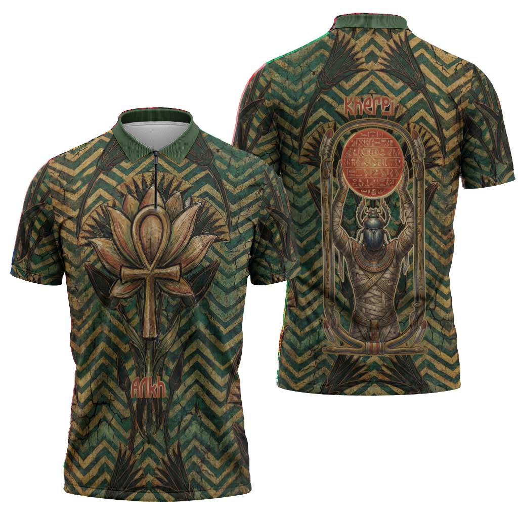 Khepri Zipper Polo Shirt Ancient Egyptian Chevron, Scarab Ankh and Winged Khepri Guardian Motif - Wonder Print Shop