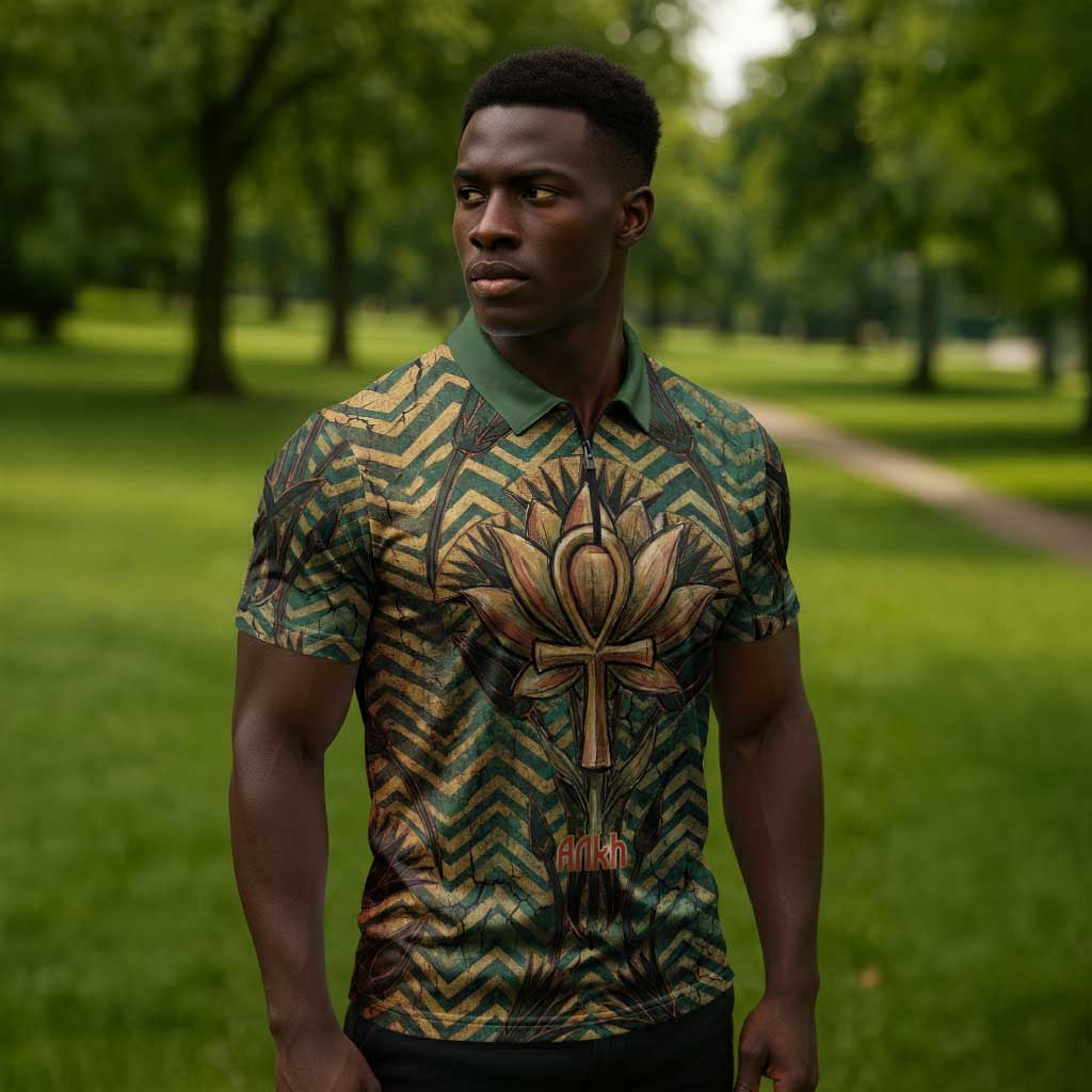 Khepri Zipper Polo Shirt Ancient Egyptian Chevron, Scarab Ankh and Winged Khepri Guardian Motif - Wonder Print Shop