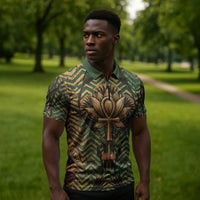 Khepri Zipper Polo Shirt Ancient Egyptian Chevron, Scarab Ankh and Winged Khepri Guardian Motif - Wonder Print Shop