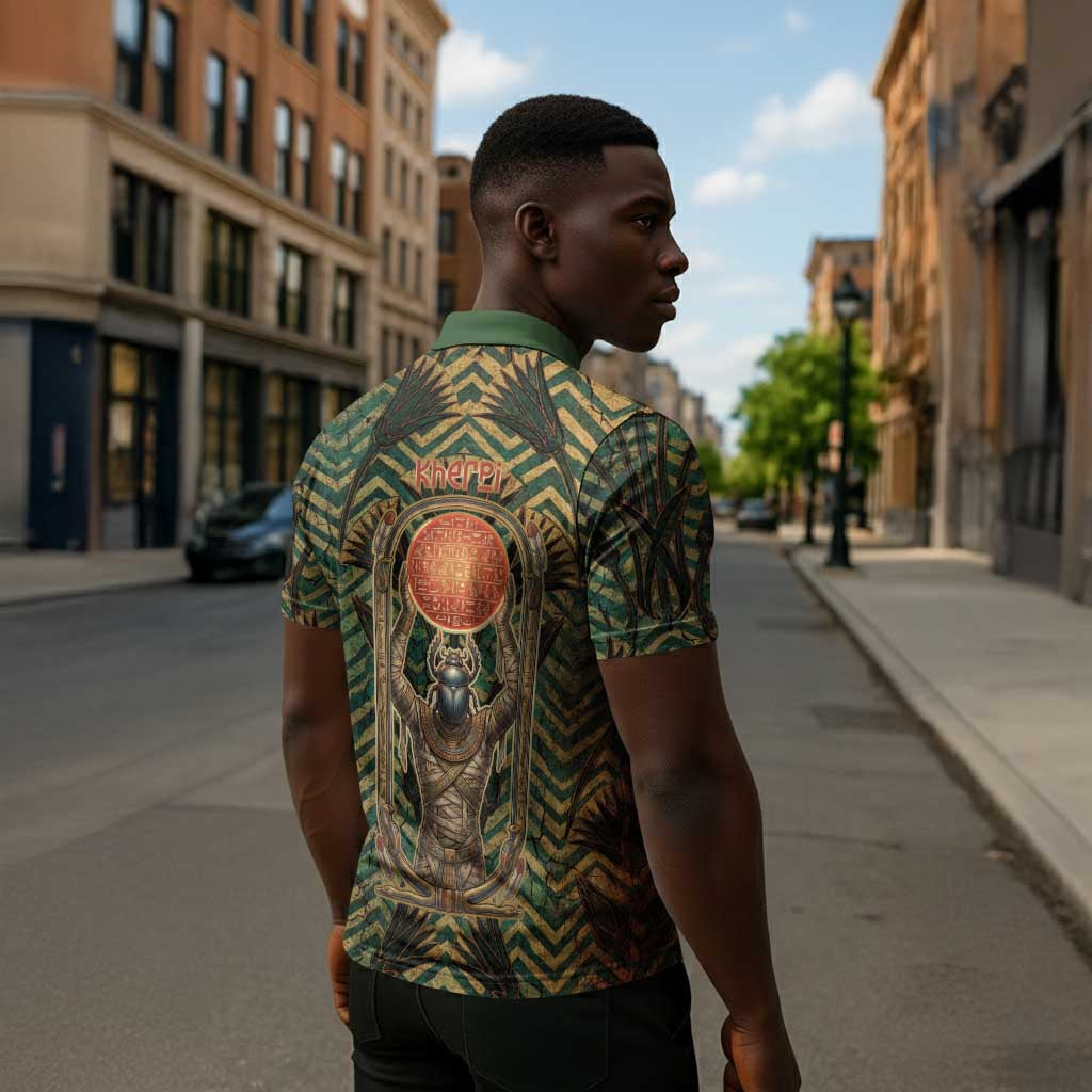 Khepri Zipper Polo Shirt Ancient Egyptian Chevron, Scarab Ankh and Winged Khepri Guardian Motif - Wonder Print Shop