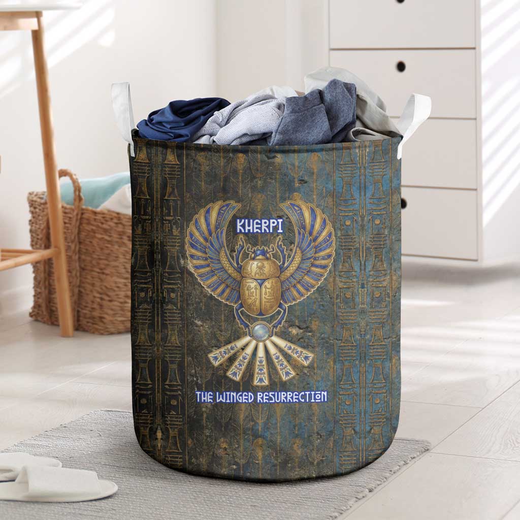 Khepri Ancient Egyptian Laundry Basket Dark Hieroglyphic, Blue Lotus Eye Symbol, and Winged Scarab Resurrection - Wonder Print Shop