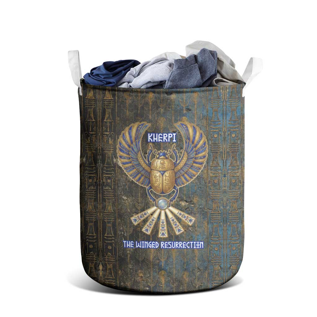 Khepri Ancient Egyptian Laundry Basket Dark Hieroglyphic, Blue Lotus Eye Symbol, and Winged Scarab Resurrection - Wonder Print Shop