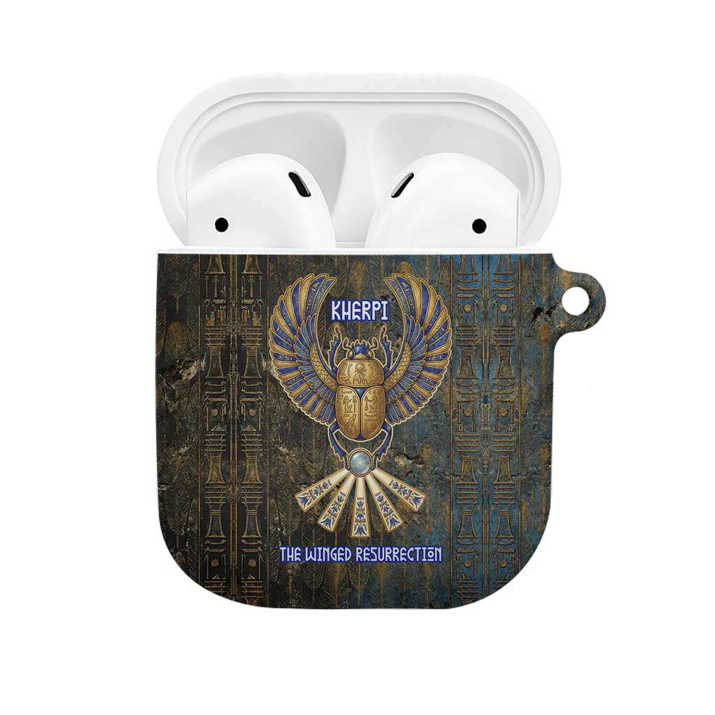 Khepri Ancient Egyptian AirPods Case Dark Hieroglyphic, Blue Lotus Eye Symbol, and Winged Scarab Resurrection - Wonder Print Shop