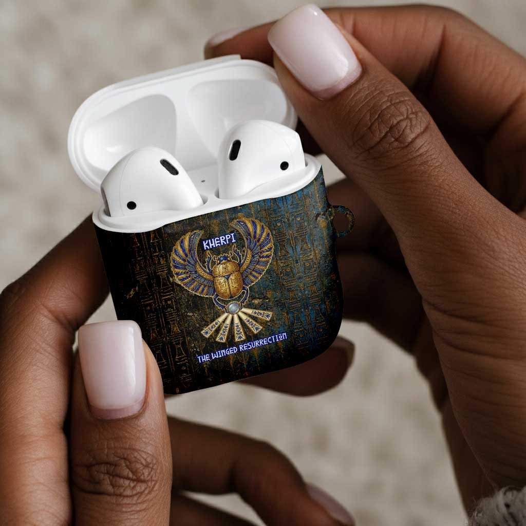 Khepri Ancient Egyptian AirPods Case Dark Hieroglyphic, Blue Lotus Eye Symbol, and Winged Scarab Resurrection - Wonder Print Shop