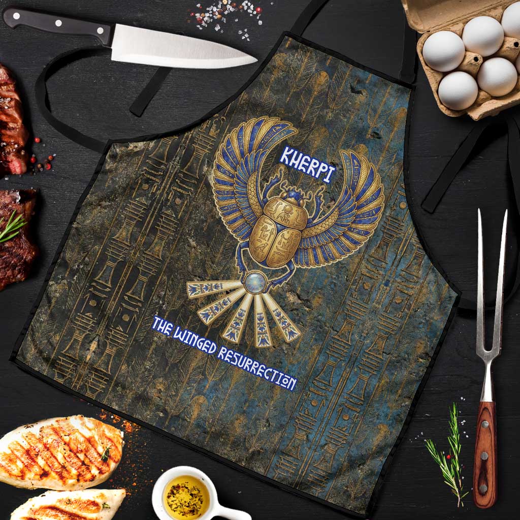 Khepri Ancient Egyptian Apron Dark Hieroglyphic, Blue Lotus Eye Symbol, and Winged Scarab Resurrection - Wonder Print Shop