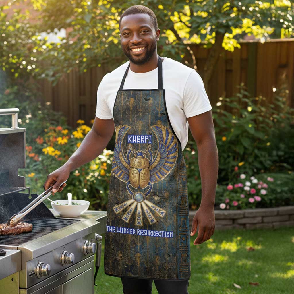 Khepri Ancient Egyptian Apron Dark Hieroglyphic, Blue Lotus Eye Symbol, and Winged Scarab Resurrection - Wonder Print Shop