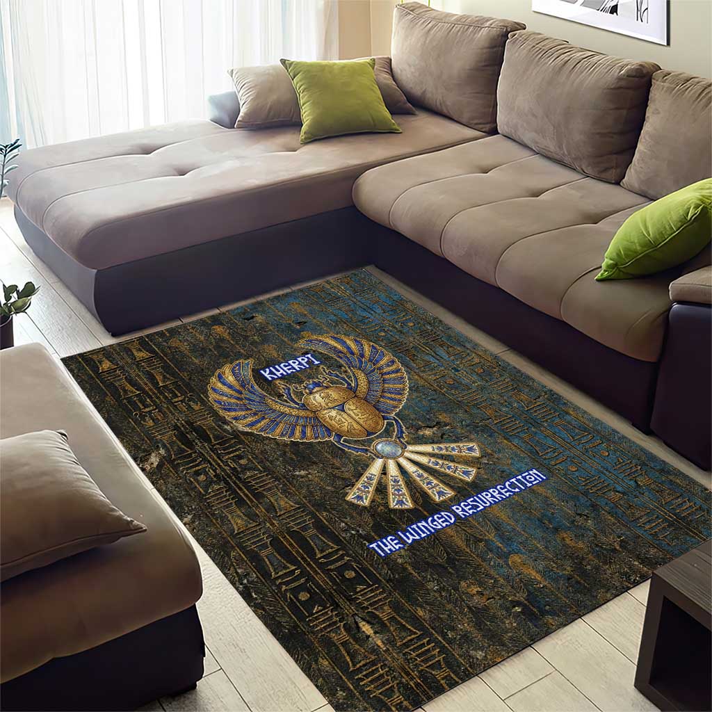 Khepri Ancient Egyptian Area Rug Dark Hieroglyphic, Blue Lotus Eye Symbol, and Winged Scarab Resurrection - Wonder Print Shop