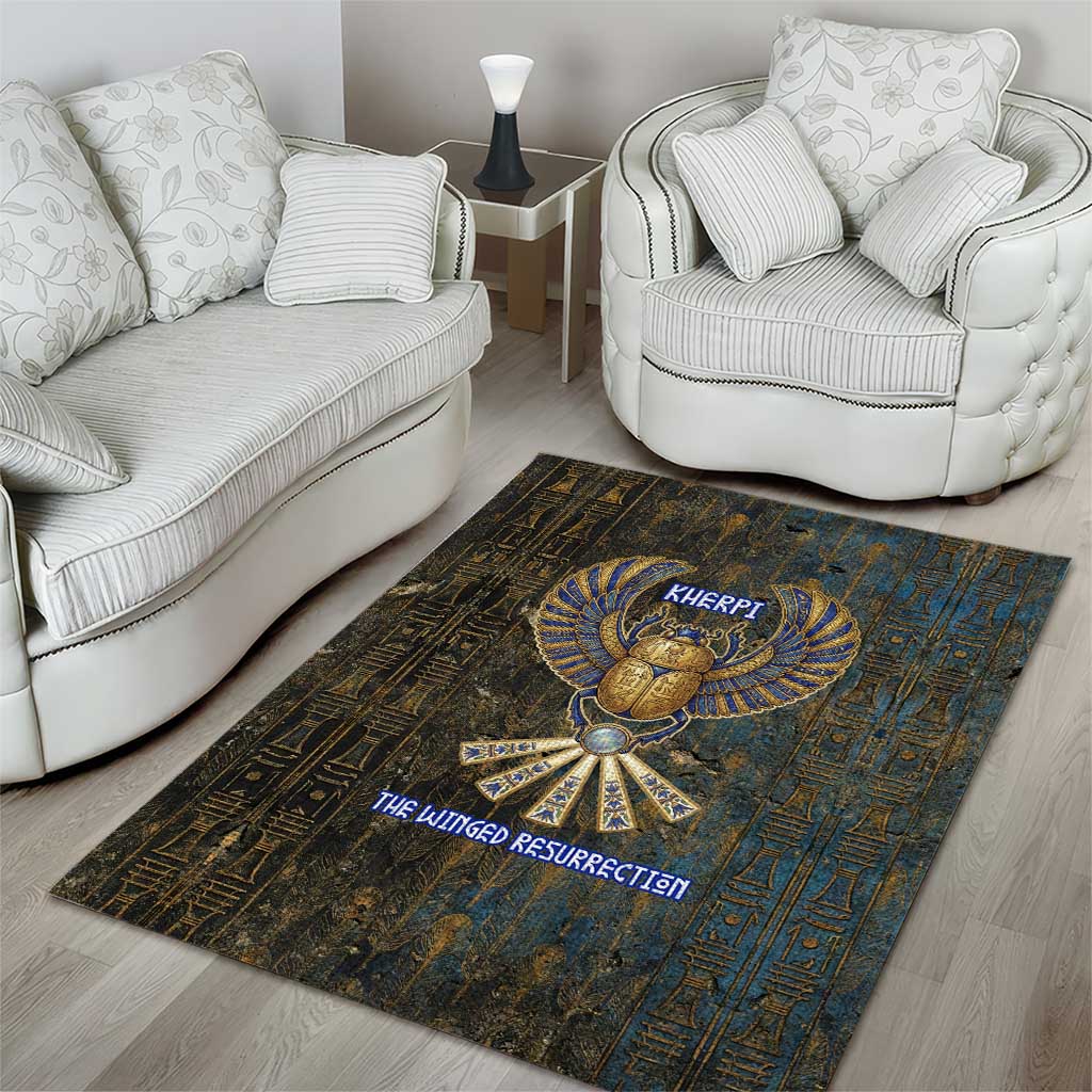 Khepri Ancient Egyptian Area Rug Dark Hieroglyphic, Blue Lotus Eye Symbol, and Winged Scarab Resurrection - Wonder Print Shop