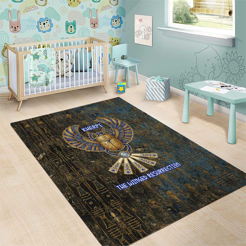 Khepri Ancient Egyptian Area Rug Dark Hieroglyphic, Blue Lotus Eye Symbol, and Winged Scarab Resurrection - Wonder Print Shop