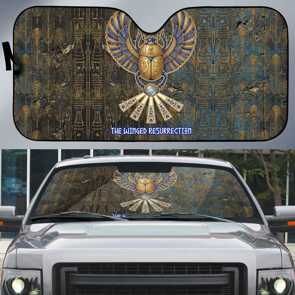 Khepri Ancient Egyptian Auto Sun Shade Dark Hieroglyphic, Blue Lotus Eye Symbol, and Winged Scarab Resurrection - Wonder Print Shop