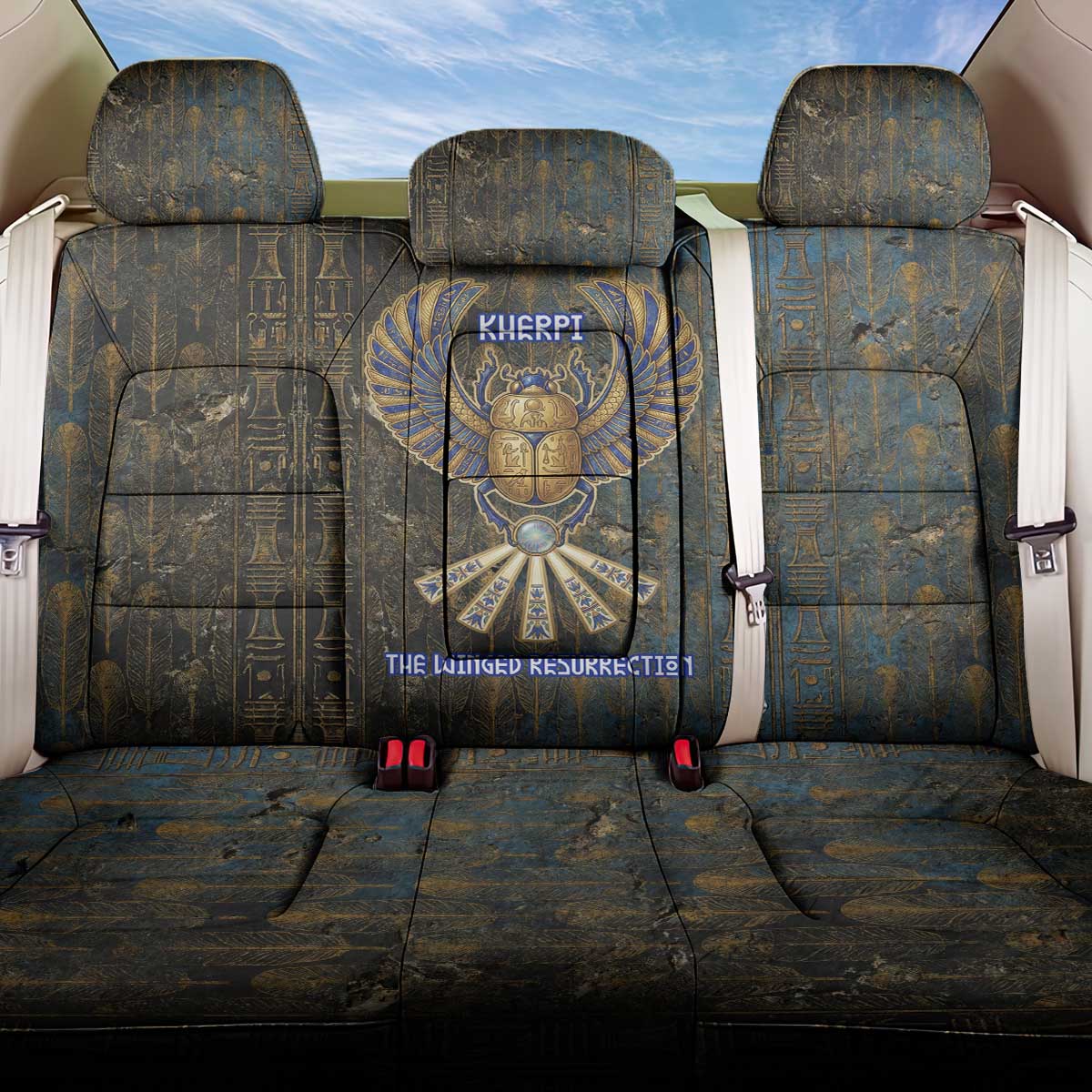 Khepri Ancient Egyptian Back Car Seat Cover Dark Hieroglyphic, Blue Lotus Eye Symbol, and Winged Scarab Resurrection - Wonder Print Shop