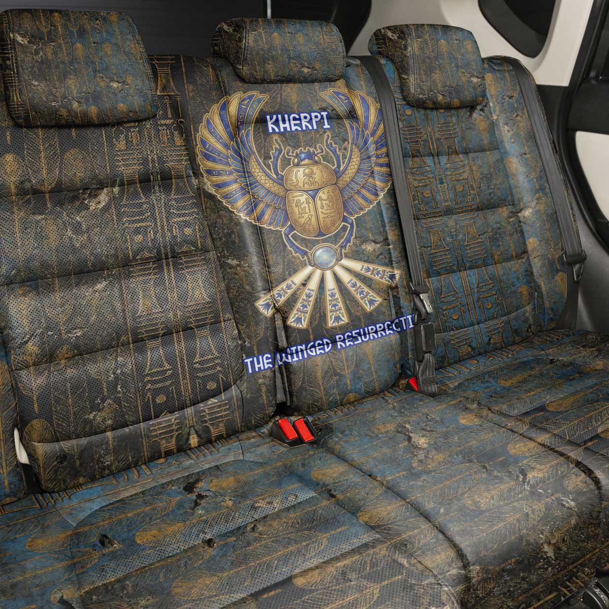 Khepri Ancient Egyptian Back Car Seat Cover Dark Hieroglyphic, Blue Lotus Eye Symbol, and Winged Scarab Resurrection - Wonder Print Shop