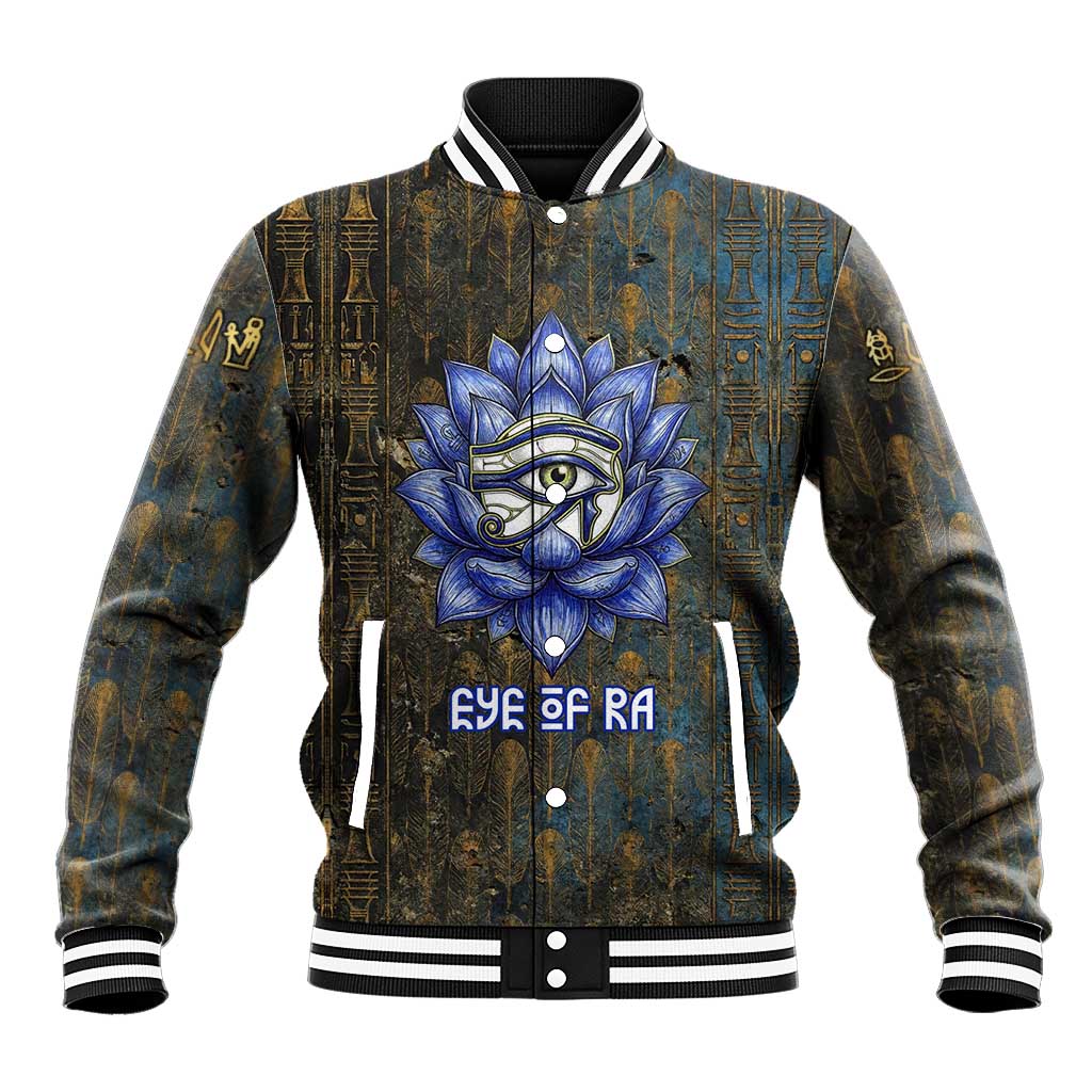 Khepri Ancient Egyptian Baseball Jacket Dark Hieroglyphic, Blue Lotus Eye Symbol, and Winged Scarab Resurrection - Wonder Print Shop