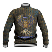 Khepri Ancient Egyptian Baseball Jacket Dark Hieroglyphic, Blue Lotus Eye Symbol, and Winged Scarab Resurrection - Wonder Print Shop