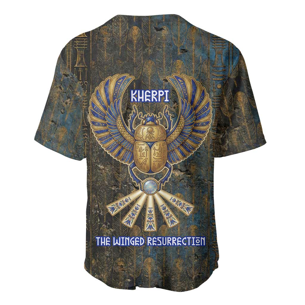 Khepri Ancient Egyptian Baseball Jersey Dark Hieroglyphic, Blue Lotus Eye Symbol, and Winged Scarab Resurrection - Wonder Print Shop
