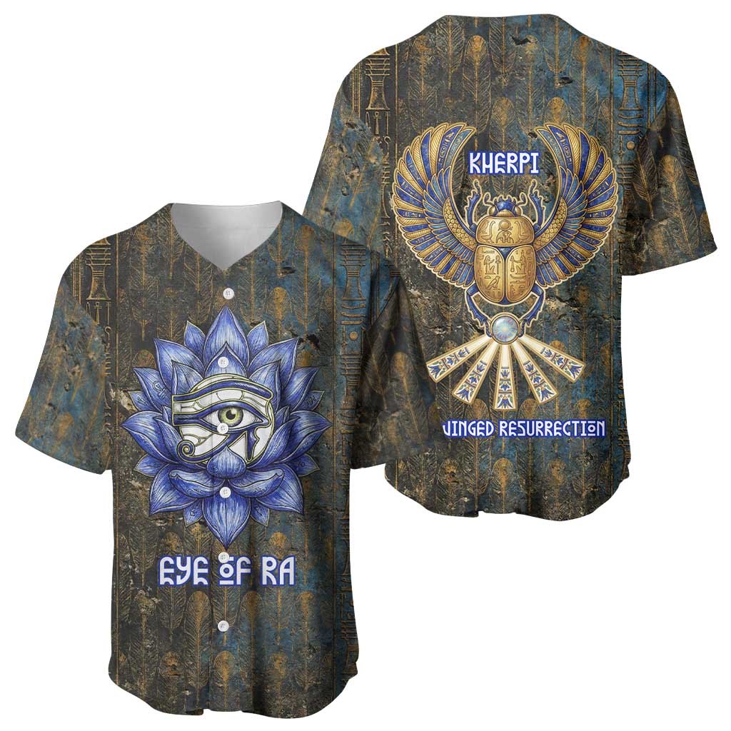 Khepri Ancient Egyptian Baseball Jersey Dark Hieroglyphic, Blue Lotus Eye Symbol, and Winged Scarab Resurrection - Wonder Print Shop