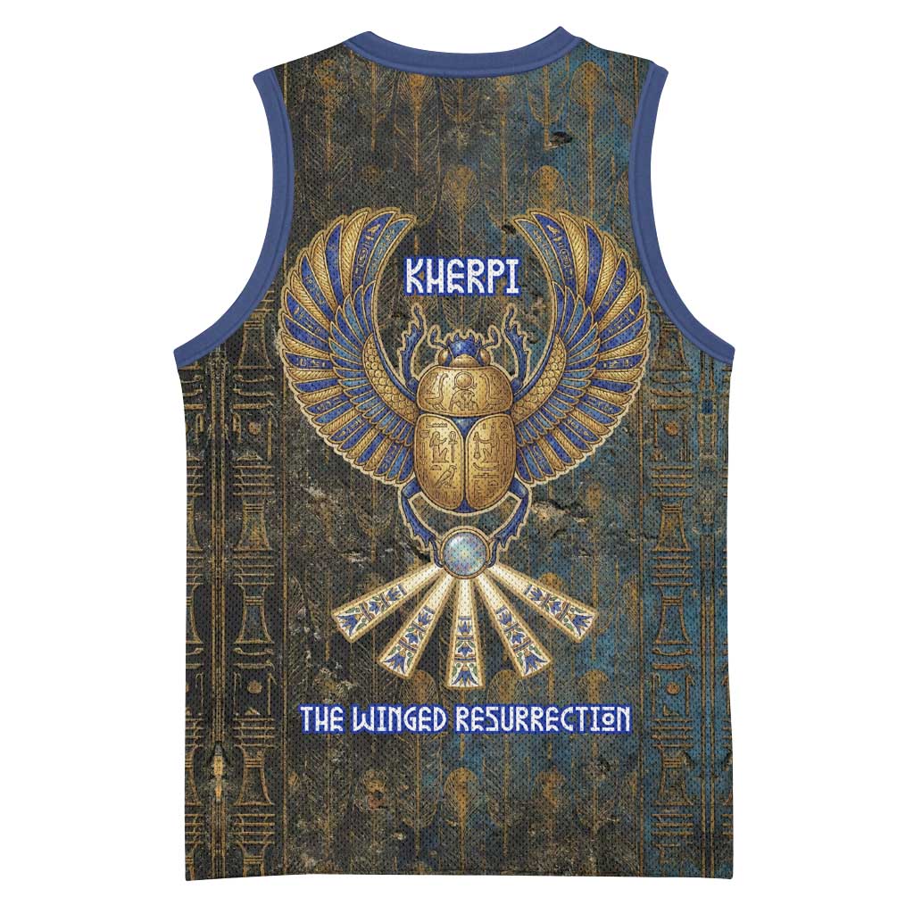 Khepri Ancient Egyptian Basketball Jersey Dark Hieroglyphic, Blue Lotus Eye Symbol, and Winged Scarab Resurrection - Wonder Print Shop