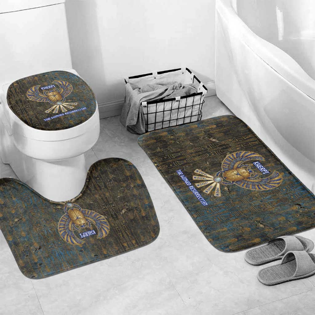 Khepri Ancient Egyptian Bathroom Set Dark Hieroglyphic, Blue Lotus Eye Symbol, and Winged Scarab Resurrection - Wonder Print Shop