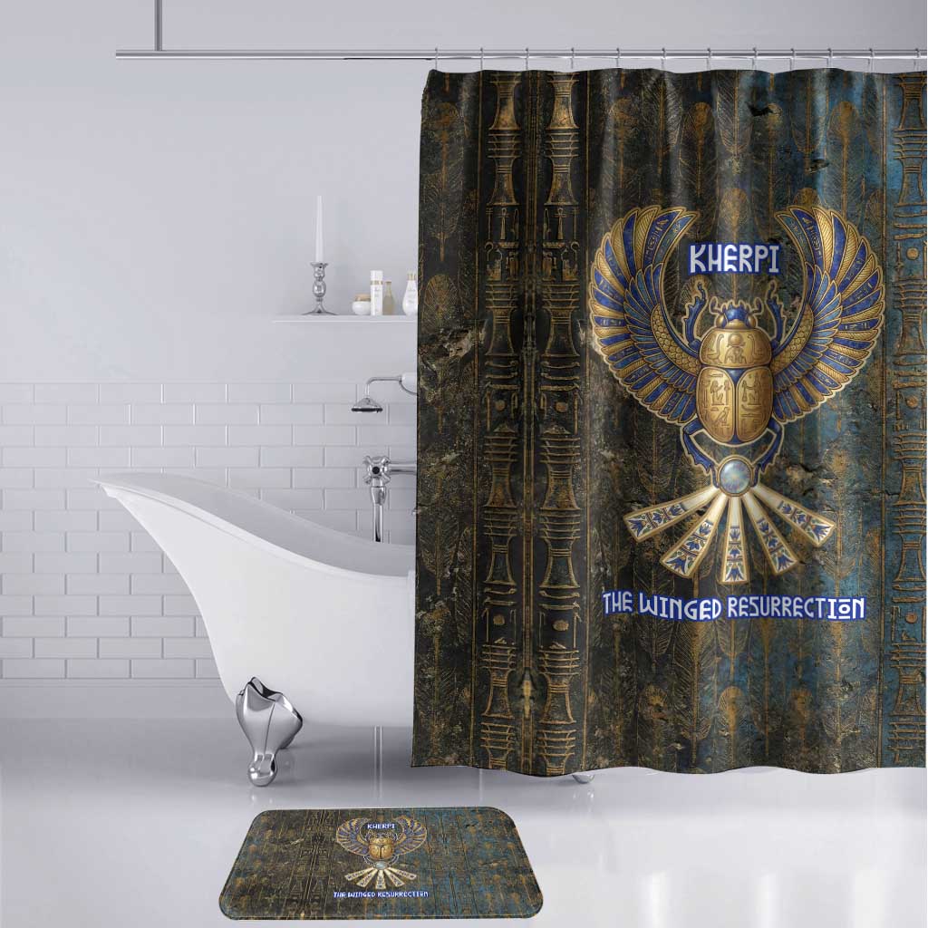 Khepri Ancient Egyptian Bathroom Set Dark Hieroglyphic, Blue Lotus Eye Symbol, and Winged Scarab Resurrection - Wonder Print Shop
