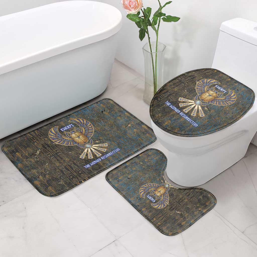 Khepri Ancient Egyptian Bathroom Set Dark Hieroglyphic, Blue Lotus Eye Symbol, and Winged Scarab Resurrection - Wonder Print Shop