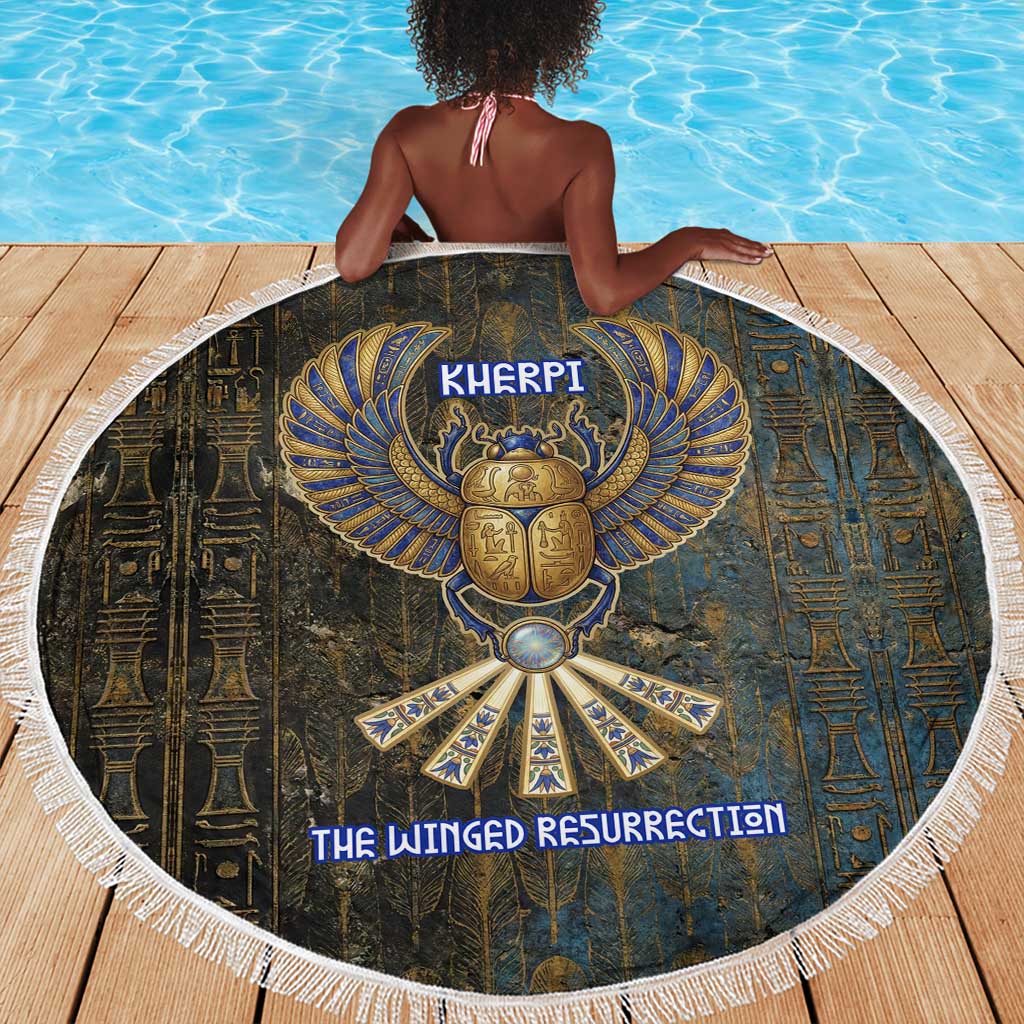 Khepri Ancient Egyptian Beach Blanket Dark Hieroglyphic, Blue Lotus Eye Symbol, and Winged Scarab Resurrection - Wonder Print Shop
