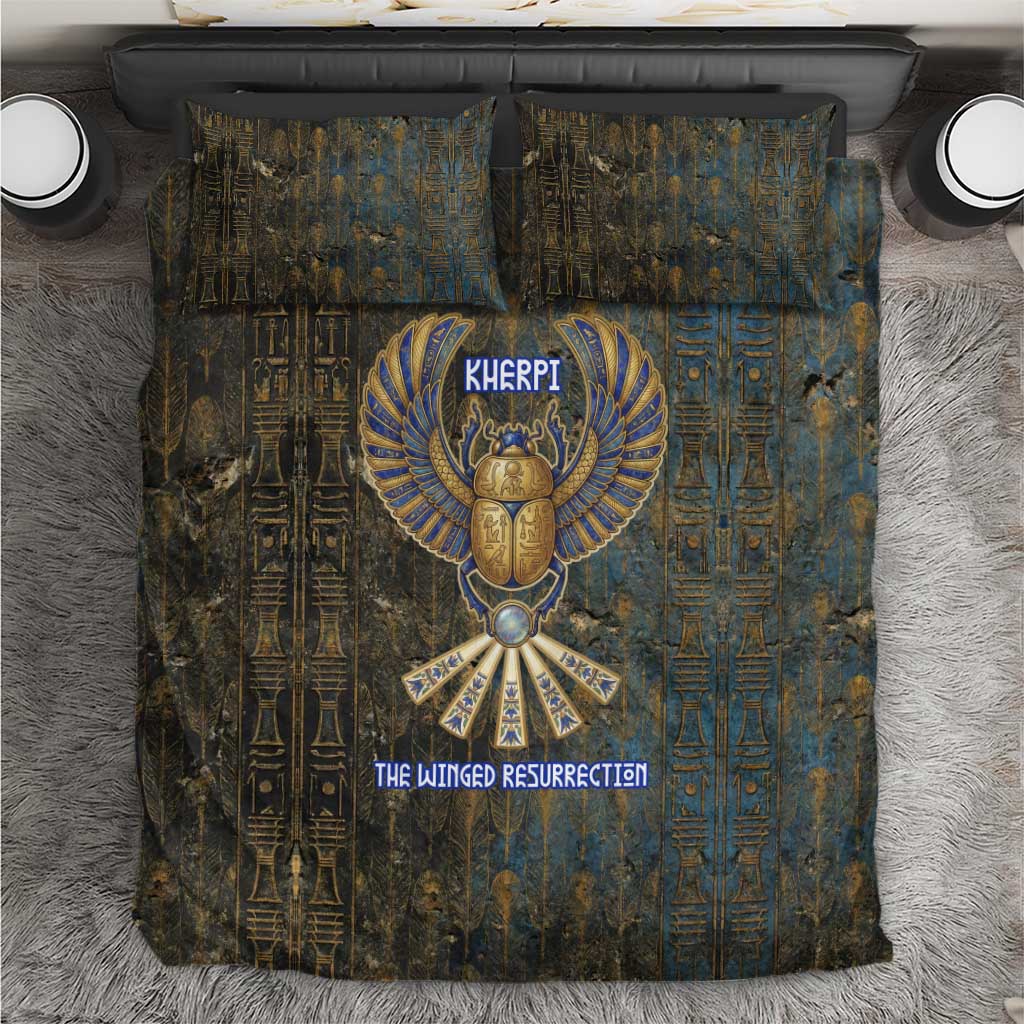 Khepri Ancient Egyptian Bedding Set Dark Hieroglyphic, Blue Lotus Eye Symbol, and Winged Scarab Resurrection - Wonder Print Shop
