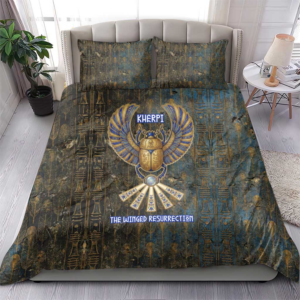 Khepri Ancient Egyptian Bedding Set Dark Hieroglyphic, Blue Lotus Eye Symbol, and Winged Scarab Resurrection - Wonder Print Shop