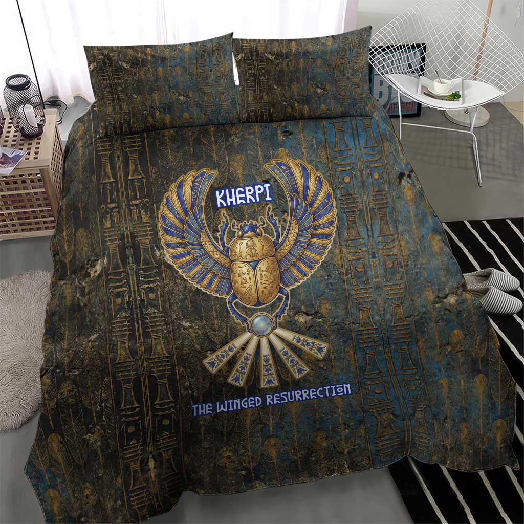 Khepri Ancient Egyptian Bedding Set Dark Hieroglyphic, Blue Lotus Eye Symbol, and Winged Scarab Resurrection - Wonder Print Shop