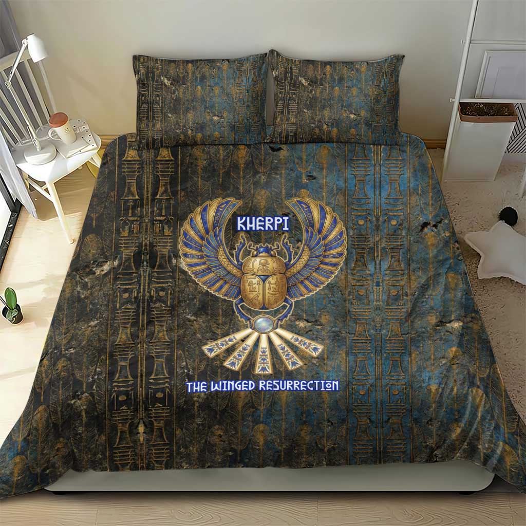 Khepri Ancient Egyptian Bedding Set Dark Hieroglyphic, Blue Lotus Eye Symbol, and Winged Scarab Resurrection - Wonder Print Shop