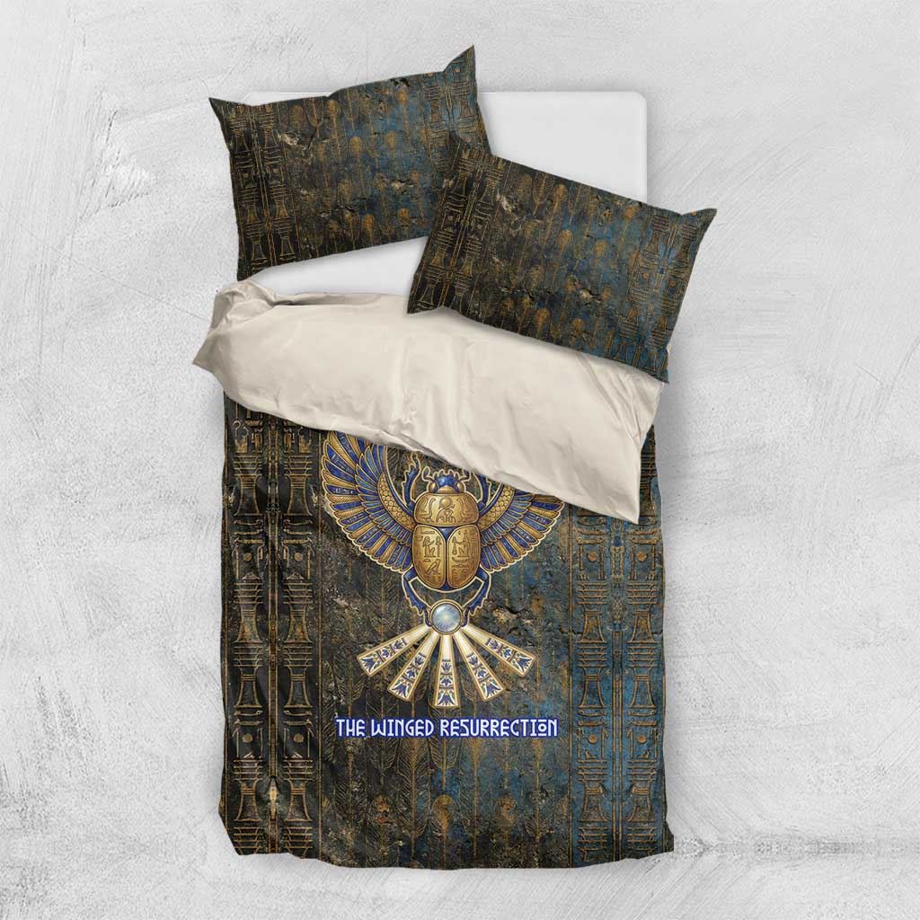 Khepri Ancient Egyptian Bedding Set Dark Hieroglyphic, Blue Lotus Eye Symbol, and Winged Scarab Resurrection - Wonder Print Shop
