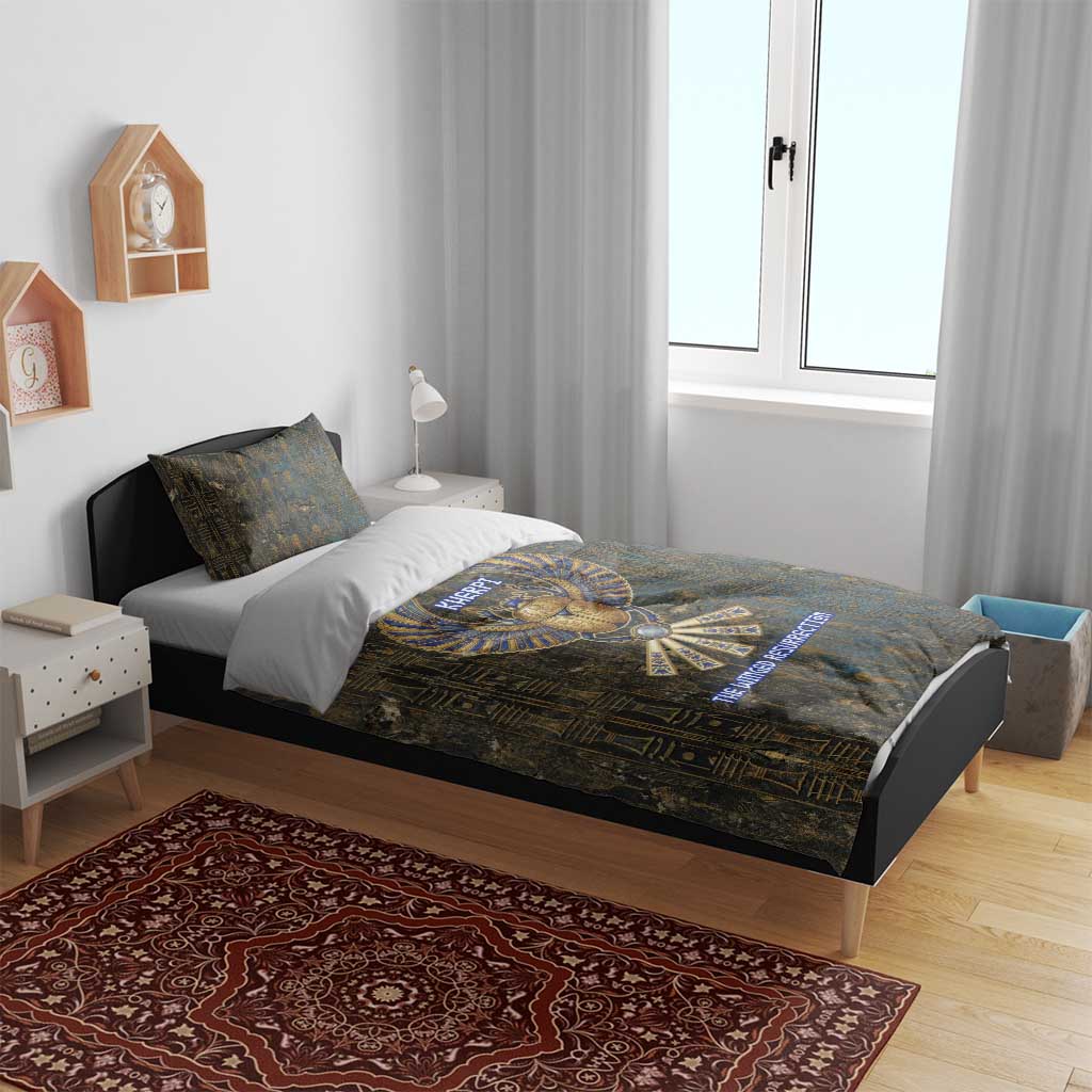 Khepri Ancient Egyptian Bedding Set Dark Hieroglyphic, Blue Lotus Eye Symbol, and Winged Scarab Resurrection - Wonder Print Shop