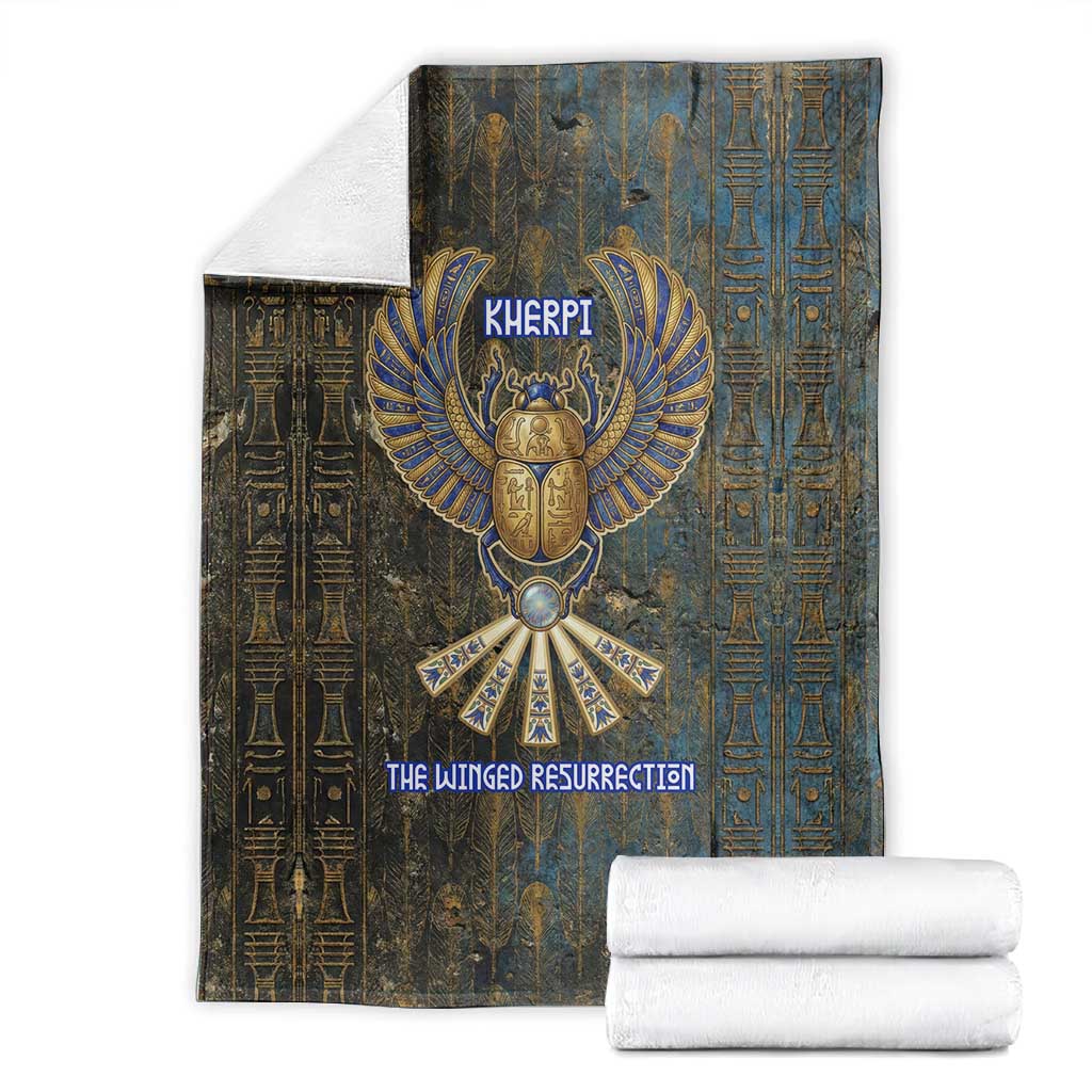 Khepri Ancient Egyptian Blanket Dark Hieroglyphic, Blue Lotus Eye Symbol, and Winged Scarab Resurrection - Wonder Print Shop