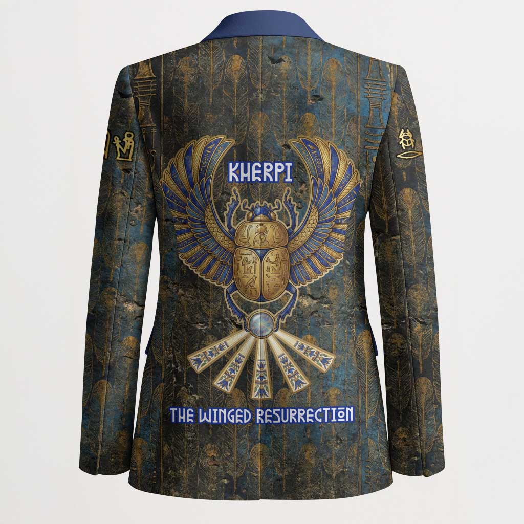 Khepri Ancient Egyptian Blazer Dark Hieroglyphic, Blue Lotus Eye Symbol, and Winged Scarab Resurrection - Wonder Print Shop
