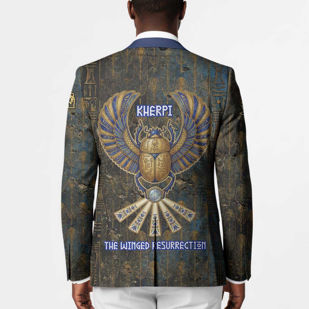 Khepri Ancient Egyptian Blazer Dark Hieroglyphic, Blue Lotus Eye Symbol, and Winged Scarab Resurrection - Wonder Print Shop
