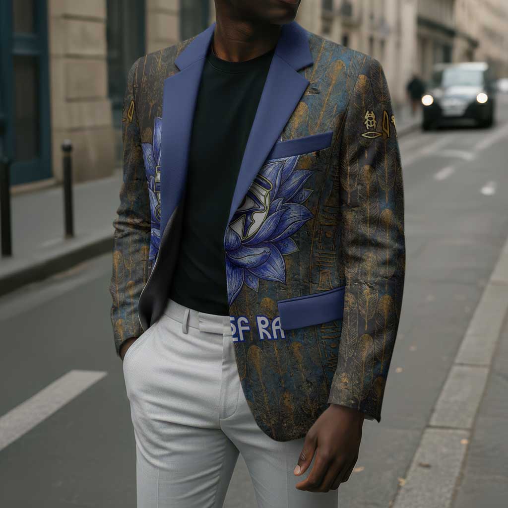 Khepri Ancient Egyptian Blazer Dark Hieroglyphic, Blue Lotus Eye Symbol, and Winged Scarab Resurrection - Wonder Print Shop