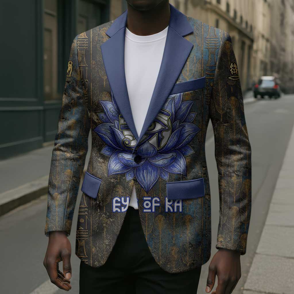 Khepri Ancient Egyptian Blazer Dark Hieroglyphic, Blue Lotus Eye Symbol, and Winged Scarab Resurrection - Wonder Print Shop