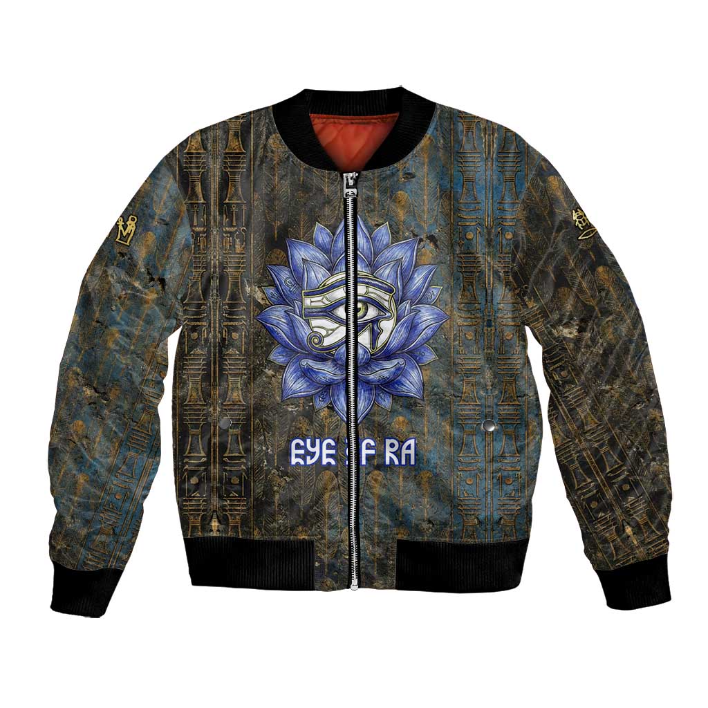 Khepri Ancient Egyptian Bomber Jacket Dark Hieroglyphic, Blue Lotus Eye Symbol, and Winged Scarab Resurrection - Wonder Print Shop