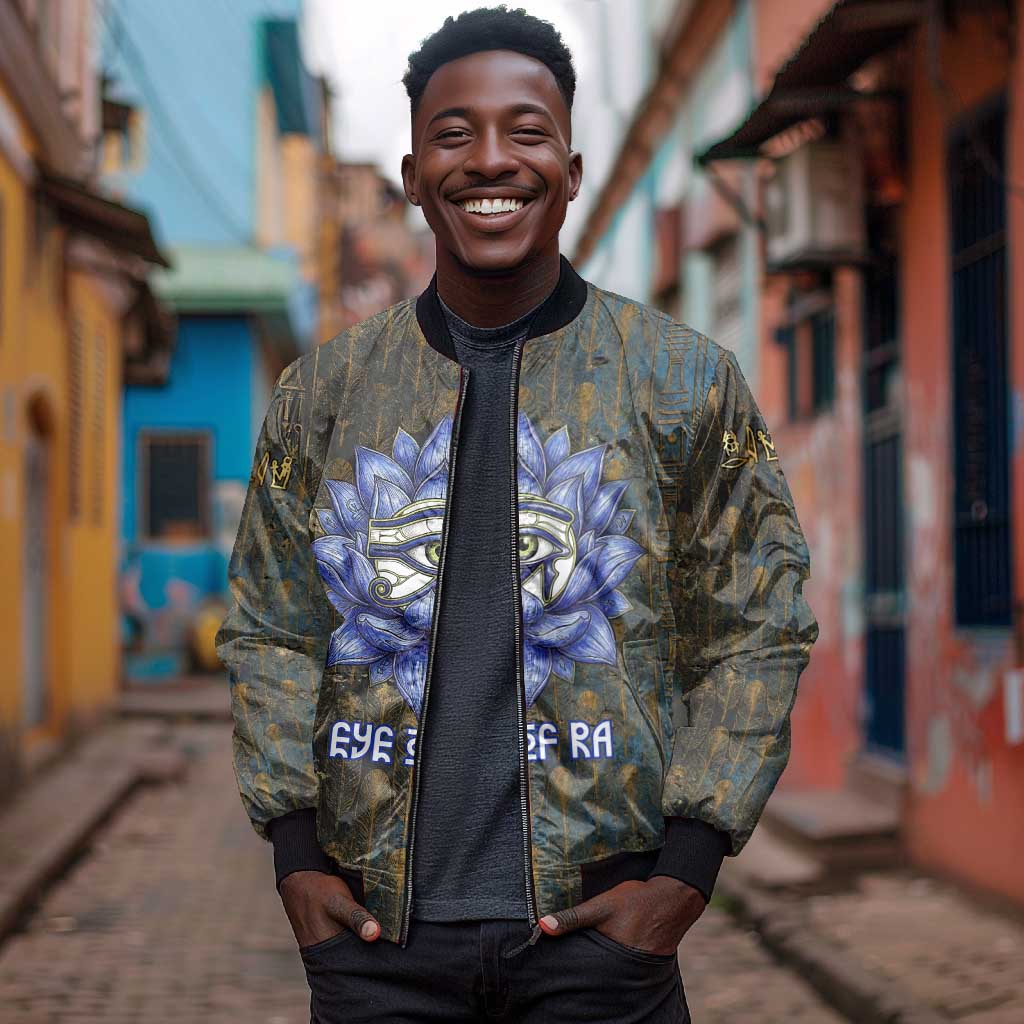 Khepri Ancient Egyptian Bomber Jacket Dark Hieroglyphic, Blue Lotus Eye Symbol, and Winged Scarab Resurrection - Wonder Print Shop